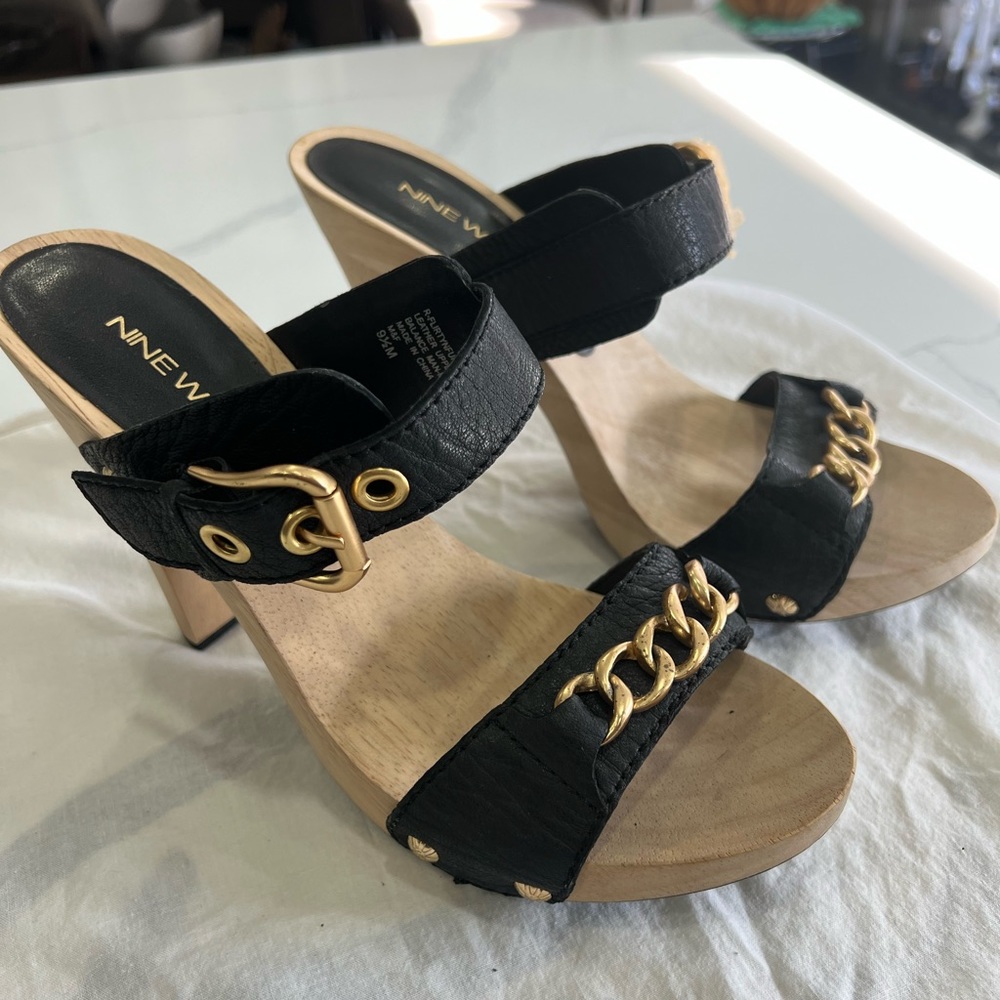 Nine West Black and Gold Mules with Chain Detail